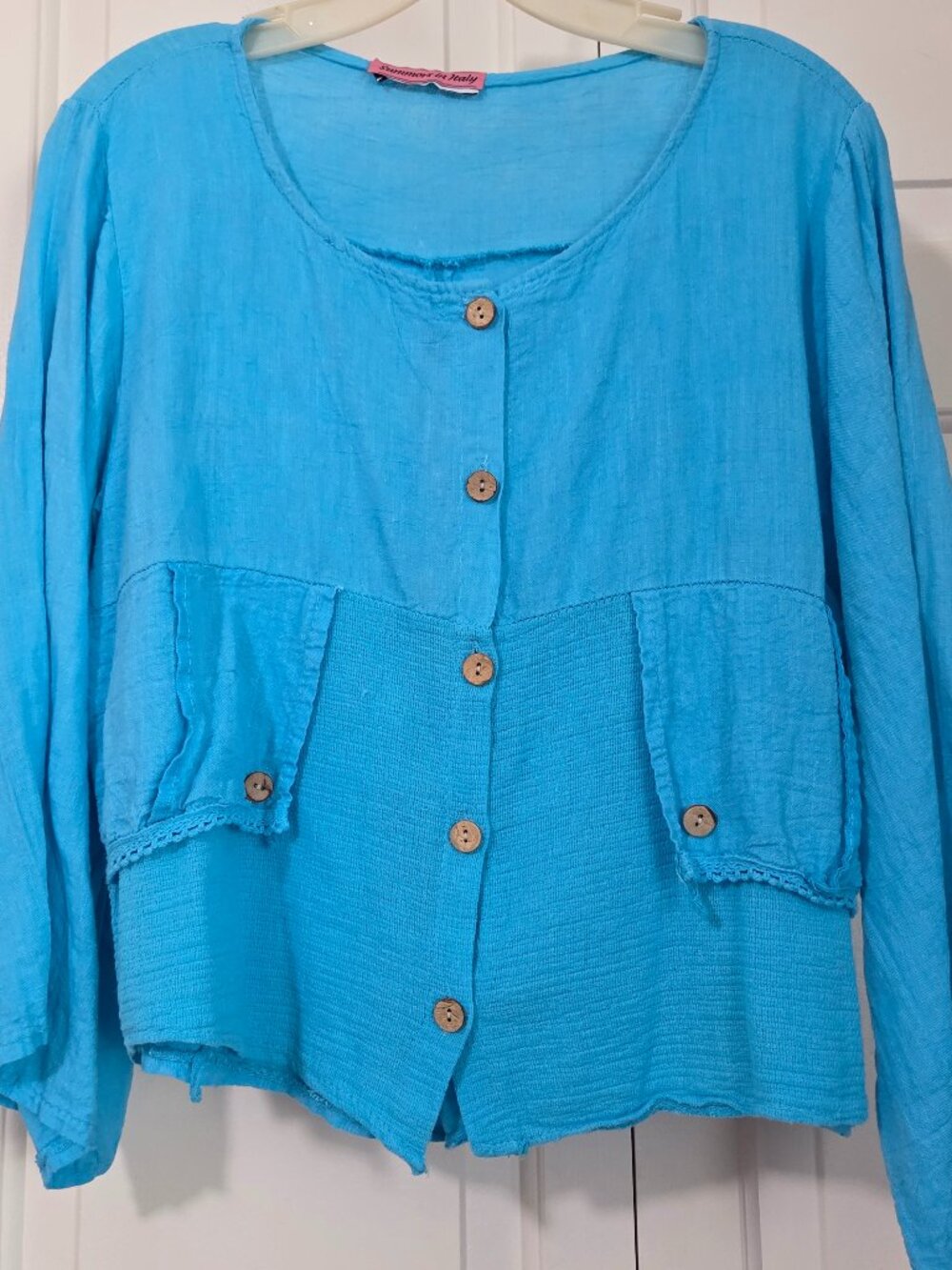 Summers in Italy 100% Linen Turquoise Blue Button Front Jacket Top - M